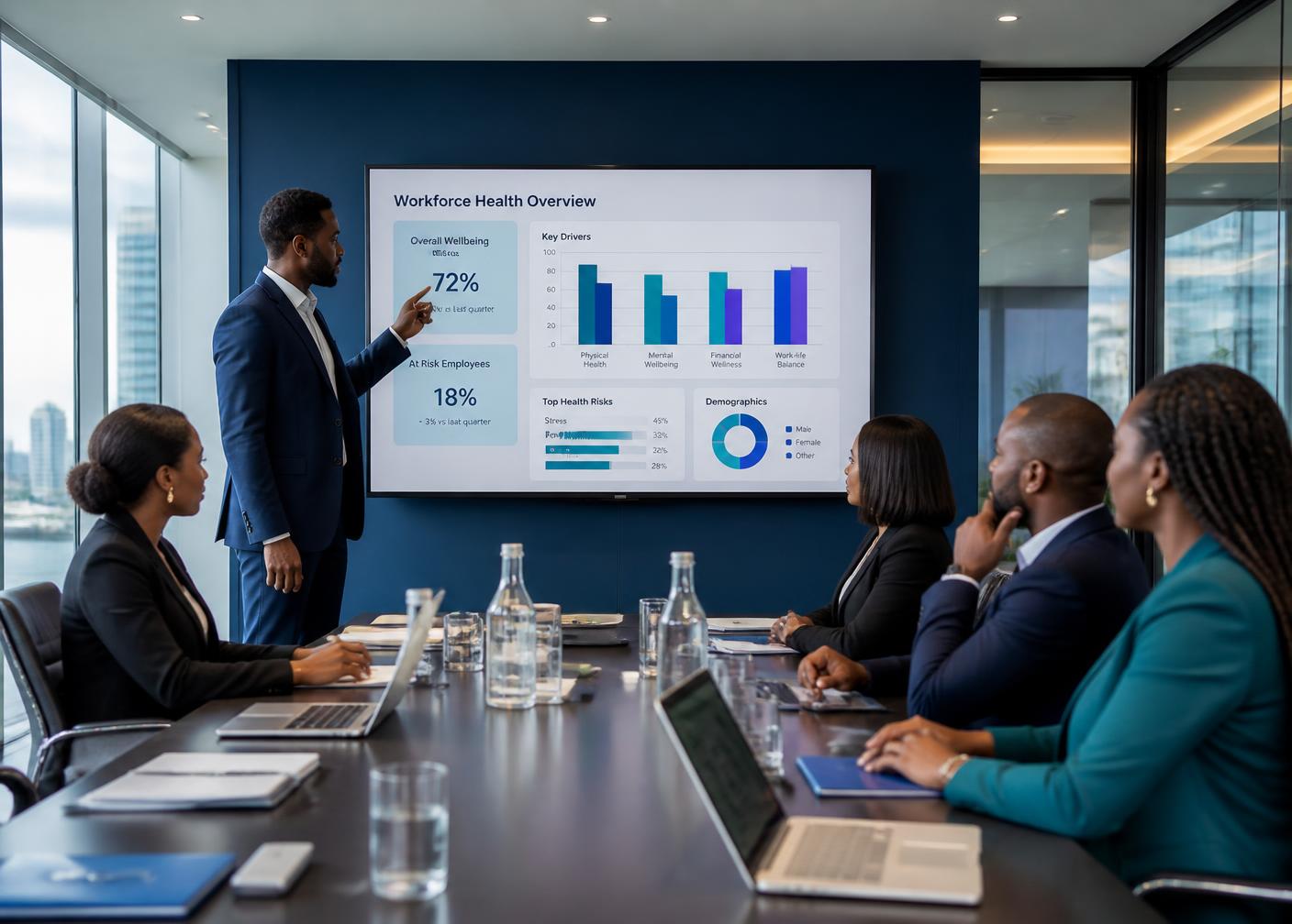 Corporate leadership team reviewing workforce health data in a Lagos boardroom