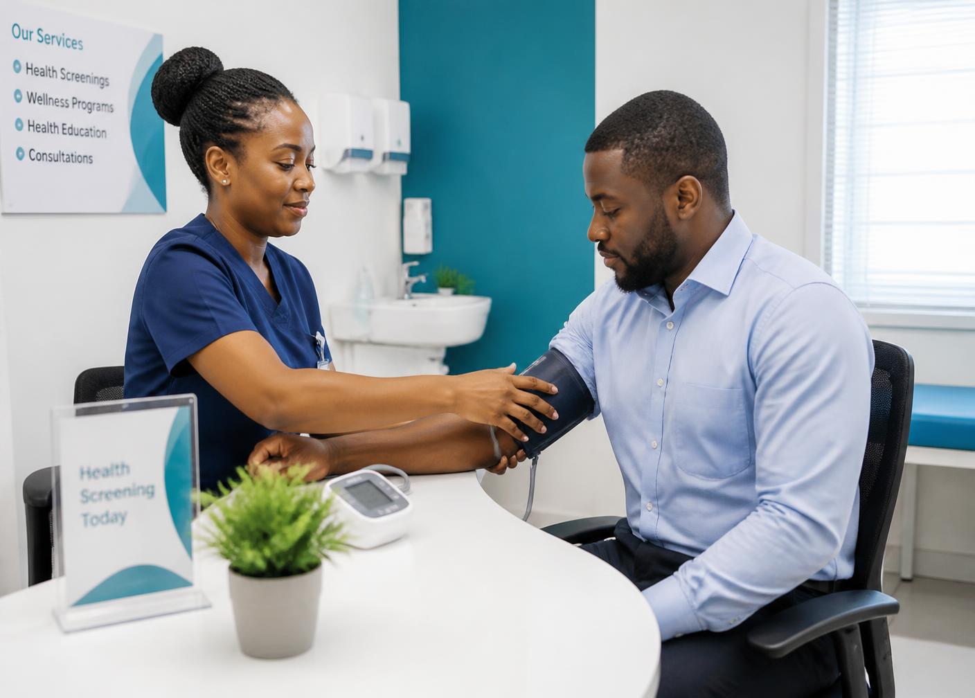 Nurse conducting a corporate health screening for an employee