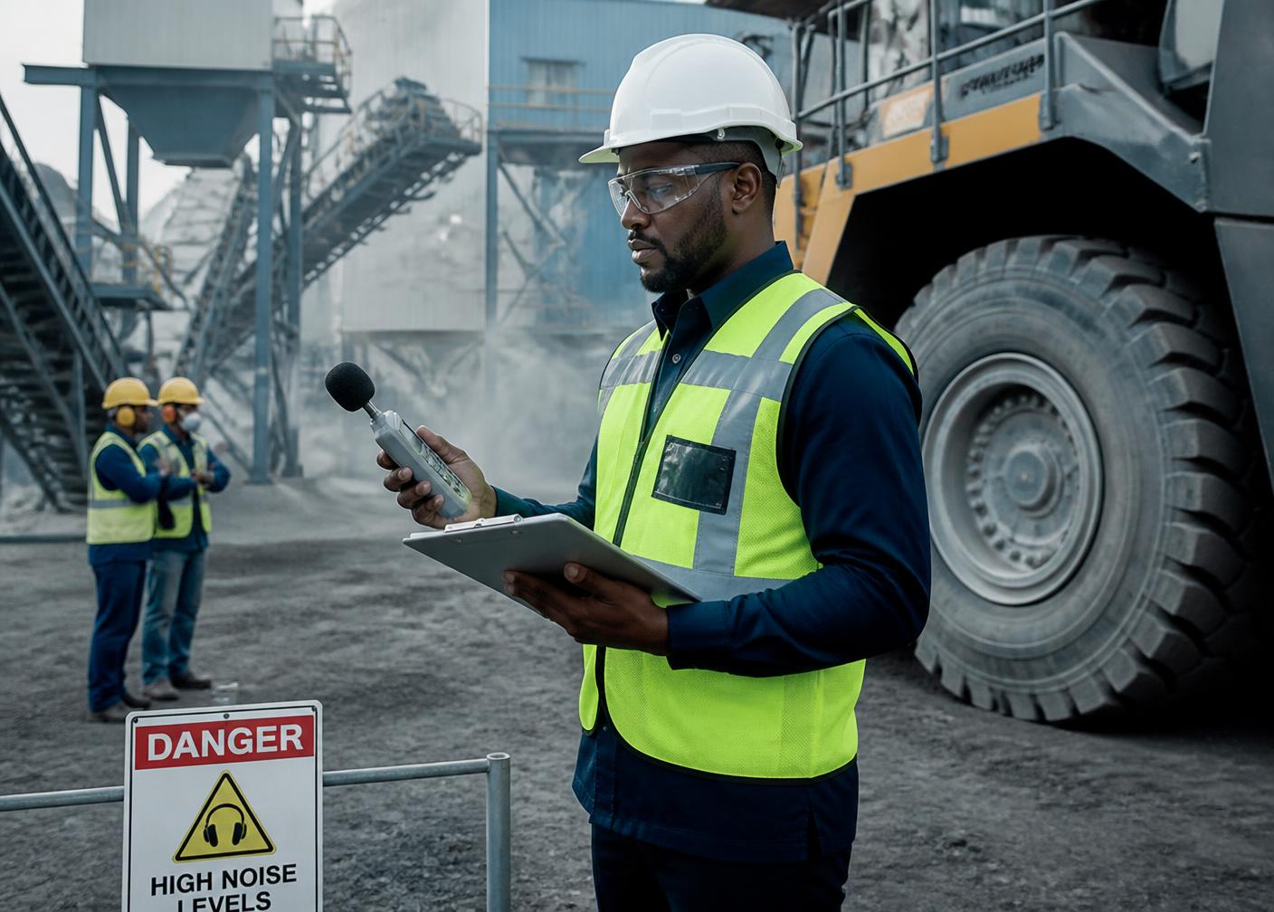 Safety officer measuring workplace noise exposure at an industrial site
